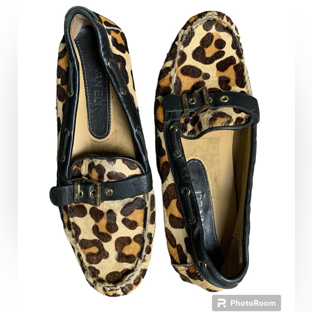 Vaneli Womens Leopard Calf Hair Driving Loafers Black Leather Trim Tan 7.5 M